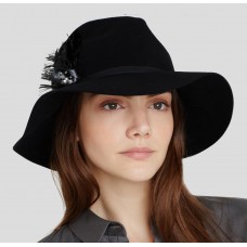 New AUGUST Boho Wool Felt Floppy Fedora Hat Mujers Side Jewel Feather Black 766288953659 eb-35760914